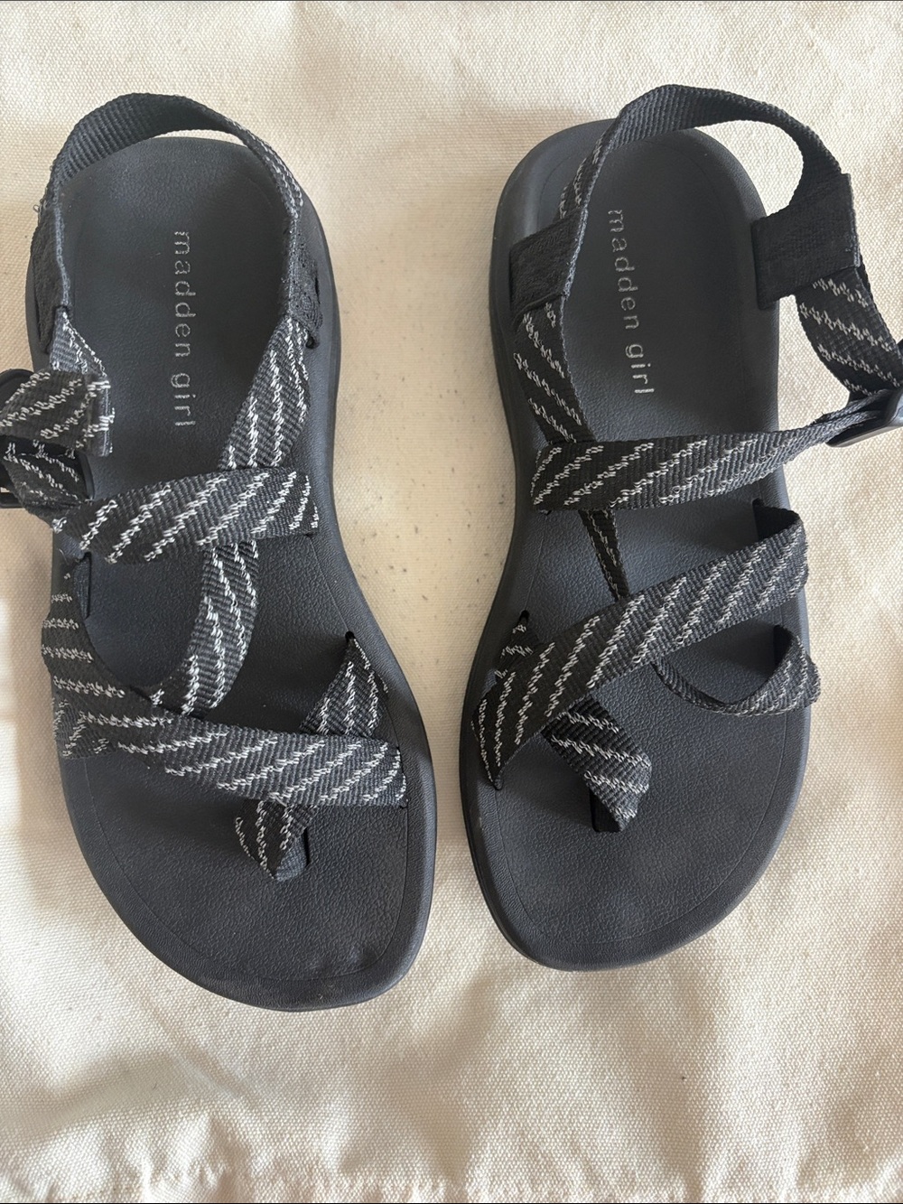 Madden Girl Black and Gray Strappy Sandals